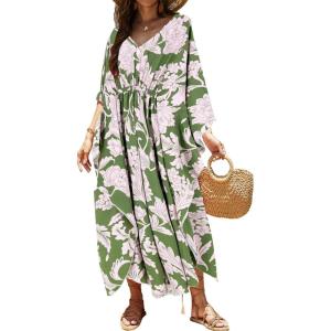imageMoss Rose Kaftan Dresses for Women V Neck Summer Swimsuit Cover up Caftan Maxi Beach DressesD Green Pink