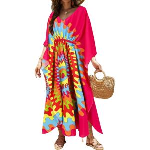 imageMoss Rose Kaftan Dresses for Women V Neck Summer Swimsuit Cover up Caftan Maxi Beach DressesD Hot Pink