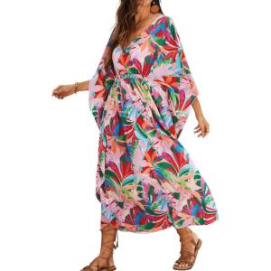 imageMoss Rose Kaftan Dresses for Women V Neck Summer Swimsuit Cover up Caftan Maxi Beach DressesDcolorful Red