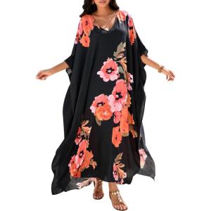imageMoss Rose Kaftan Dresses for Women V Neck Summer Swimsuit Cover up Caftan Maxi Beach DressesD Black Red Flower