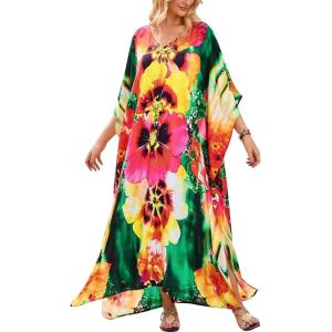 imageMoss Rose Kaftan Dresses for Women V Neck Summer Swimsuit Cover up Caftan Maxi Beach DressesD Fuchsia Yellow Flower