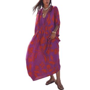 imageMoss Rose Kaftan Dresses for Women V Neck Summer Swimsuit Cover up Caftan Maxi Beach DressesD Magenta Orange Floral