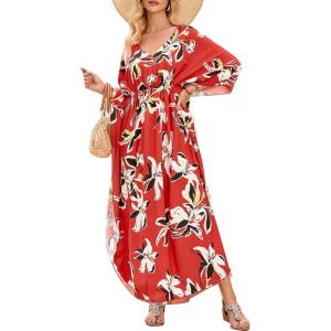 imageMoss Rose Kaftan Dresses for Women V Neck Summer Swimsuit Cover up Caftan Maxi Beach DressesD Red White Flower