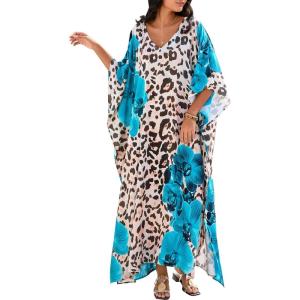 imageMoss Rose Kaftan Dresses for Women V Neck Summer Swimsuit Cover up Caftan Maxi Beach DressesE Leopard Lake Blue