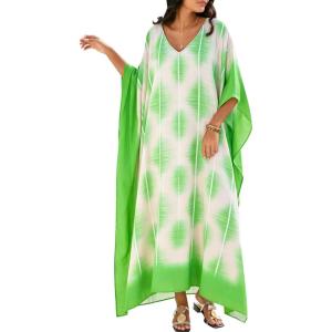 imageMoss Rose Women Caftan Dress V Neck Batwing Sleeve Floral Print Beach Swimsuit Coverup Moo Moos Loungewear Plus SizeA Green White