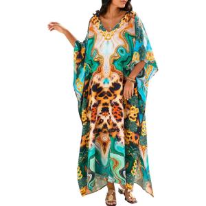 imageMoss Rose Women Caftan Dress V Neck Batwing Sleeve Floral Print Beach Swimsuit Coverup Moo Moos Loungewear Plus SizeA Leopard Abstract