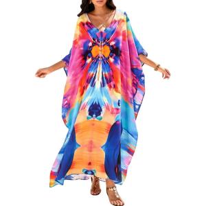 imageMoss Rose Women Caftan Dress V Neck Batwing Sleeve Floral Print Beach Swimsuit Coverup Moo Moos Loungewear Plus SizeA Multicolor Abstract 1