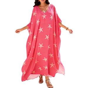imageMoss Rose Women Caftan Dress V Neck Batwing Sleeve Floral Print Beach Swimsuit Coverup Moo Moos Loungewear Plus SizeA Pink Starfish