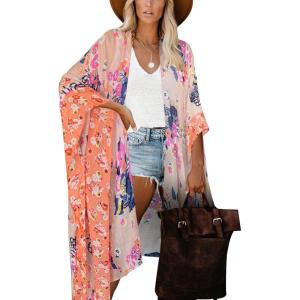 imageMoss Rose Women Summer Bikini Kimono Bathing Suit Cover Ups for SwimwearA Peach Floral