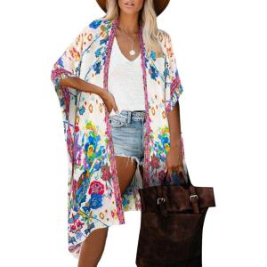 imageMoss Rose Women Summer Bikini Kimono Bathing Suit Cover Ups for SwimwearC White Floral