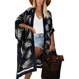 imageMoss Rose Women Summer Bikini Kimono Bathing Suit Cover Ups for SwimwearE Black Leaves