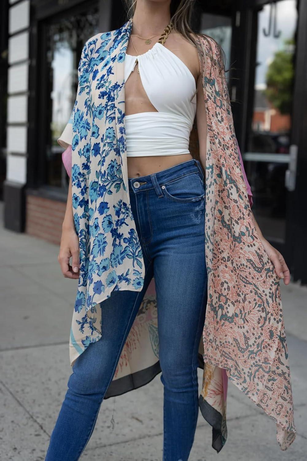 imageMoss Rose Womens Beach Cover up Swimsuit Kimono with Bohemian Floral Print Loose Casual Resort WearD Color