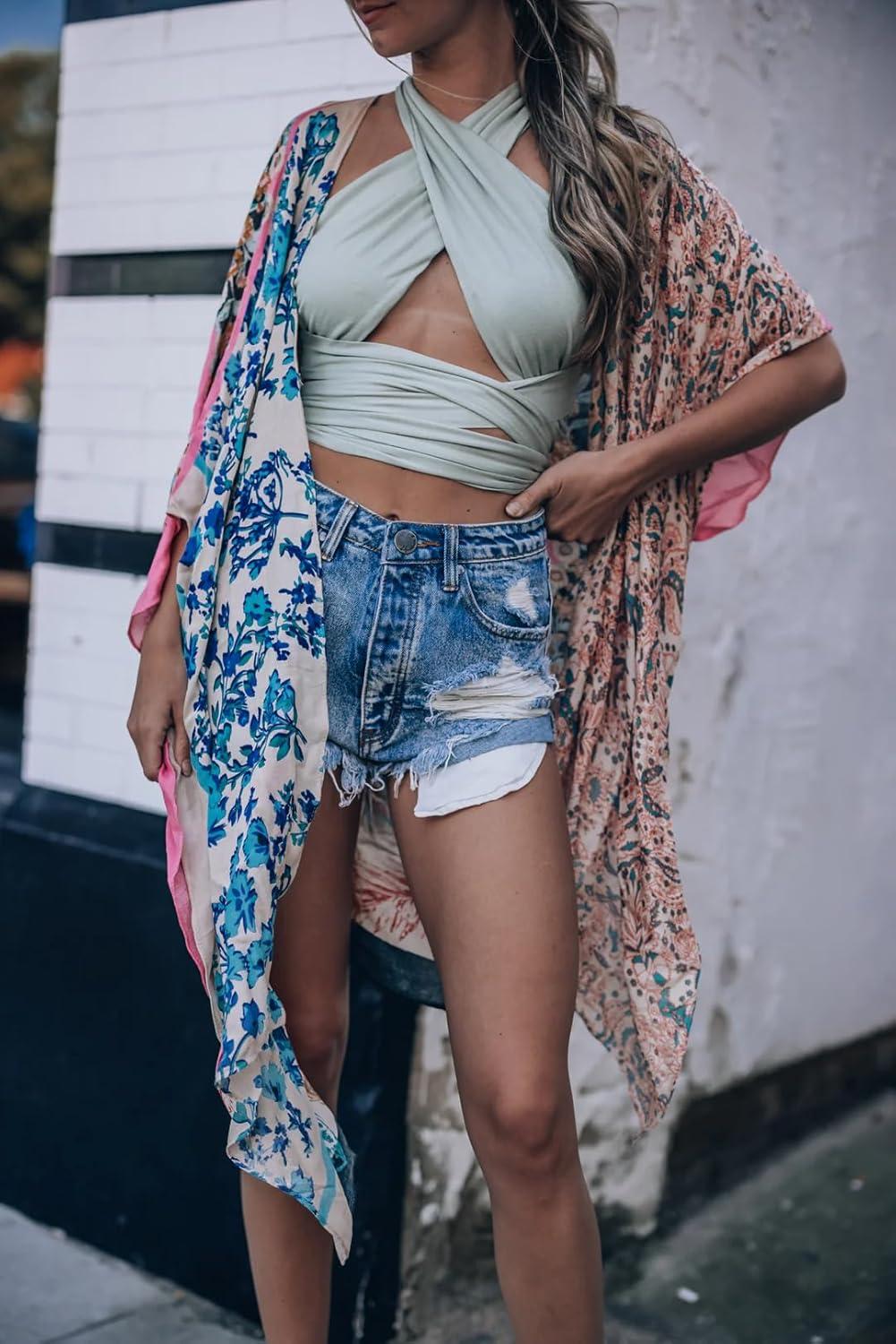 imageMoss Rose Womens Beach Cover up Swimsuit Kimono with Bohemian Floral Print Loose Casual Resort WearD Color