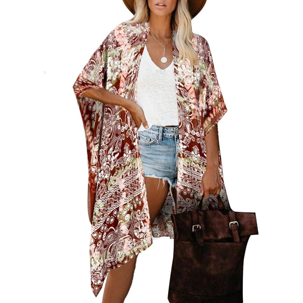 imageMoss Rose Womens Beach Cover up Swimsuit Kimono with Bohemian Floral Print Loose Casual Resort WearD Multicolor Print