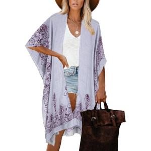 imageMoss Rose Womens Beach Cover up Swimsuit Kimono with Bohemian Floral Print Loose Casual Resort WearA Grey Floral
