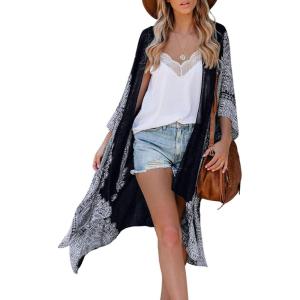 imageMoss Rose Womens Beach Cover up Swimsuit Kimono with Bohemian Floral Print Loose Casual Resort WearB BlackRibbon