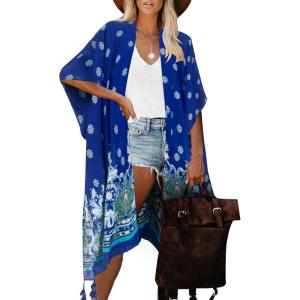 imageMoss Rose Womens Beach Cover up Swimsuit Kimono with Bohemian Floral Print Loose Casual Resort WearB Blue Green