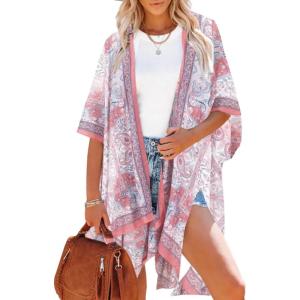 imageMoss Rose Womens Beach Cover up Swimsuit Kimono with Bohemian Floral Print Loose Casual Resort WearB Pink Paisley
