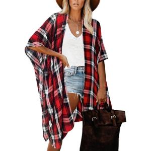 imageMoss Rose Womens Beach Cover up Swimsuit Kimono with Bohemian Floral Print Loose Casual Resort WearB Red Black Plaid