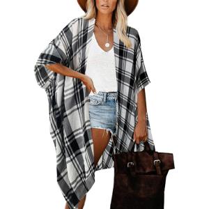 imageMoss Rose Womens Beach Cover up Swimsuit Kimono with Bohemian Floral Print Loose Casual Resort WearB White Black Plaid