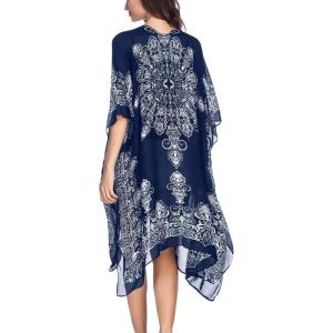 imageMoss Rose Womens Beach Cover up Swimsuit Kimono with Bohemian Floral Print Loose Casual Resort WearC Adeline Indigo