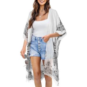 imageMoss Rose Womens Beach Cover up Swimsuit Kimono with Bohemian Floral Print Loose Casual Resort WearC Adeline White