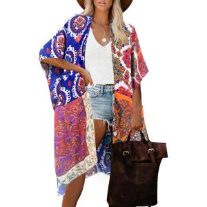 imageMoss Rose Womens Beach Cover up Swimsuit Kimono with Bohemian Floral Print Loose Casual Resort WearD Dark Blue Orange
