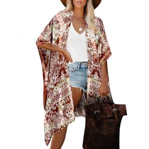 imageMoss Rose Womens Beach Cover up Swimsuit Kimono with Bohemian Floral Print Loose Casual Resort WearD Multicolor Print