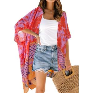 imageMoss Rose Womens Beach Cover up Swimsuit Kimono with Bohemian Floral Print Loose Casual Resort WearD Orange White Flower