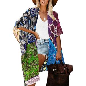 imageMoss Rose Womens Beach Cover up Swimsuit Kimono with Bohemian Floral Print Loose Casual Resort WearD Purple Blue