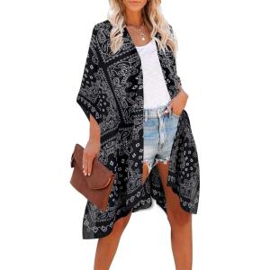 imageMoss Rose Womens Beach Cover up Swimsuit Kimono with Bohemian Floral Print Loose Casual Resort WearF Black Mestry