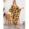 image:imageMoss Rose Caftan Coverup Dresses for Women V Neck Summer Swimsuit Kaftan Plus Size Maxi Beach Vacation ClothesGinkgo Leaf Print