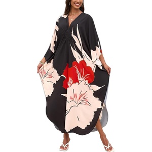 image:imageMoss Rose Caftan Coverup Dresses for Women V Neck Summer Swimsuit Kaftan Plus Size Maxi Beach Vacation ClothesA Black White Red Floral