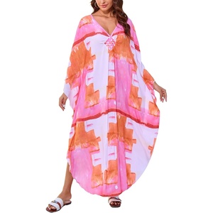 image:imageMoss Rose Caftan Coverup Dresses for Women V Neck Summer Swimsuit Kaftan Plus Size Maxi Beach Vacation ClothesD Pink Orange Block