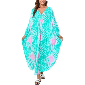 image:imageMoss Rose Caftan Coverup Dresses for Women V Neck Summer Swimsuit Kaftan Plus Size Maxi Beach Vacation ClothesD Teal Pink