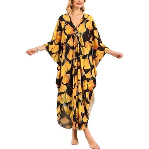 image:imageMoss Rose Caftan Coverup Dresses for Women V Neck Summer Swimsuit Kaftan Plus Size Maxi Beach Vacation ClothesGinkgo Leaf Print