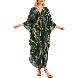 image:imageMoss Rose Caftan Coverup Dresses for Women V Neck Summer Swimsuit Kaftan Plus Size Maxi Beach Vacation ClothesGreen Leaf Print