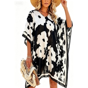 image:imageMoss Rose Kaftan Dresses for Women V Neck Summer Swimsuit Cover up Caftan Maxi Beach DressesC Black White Floral
